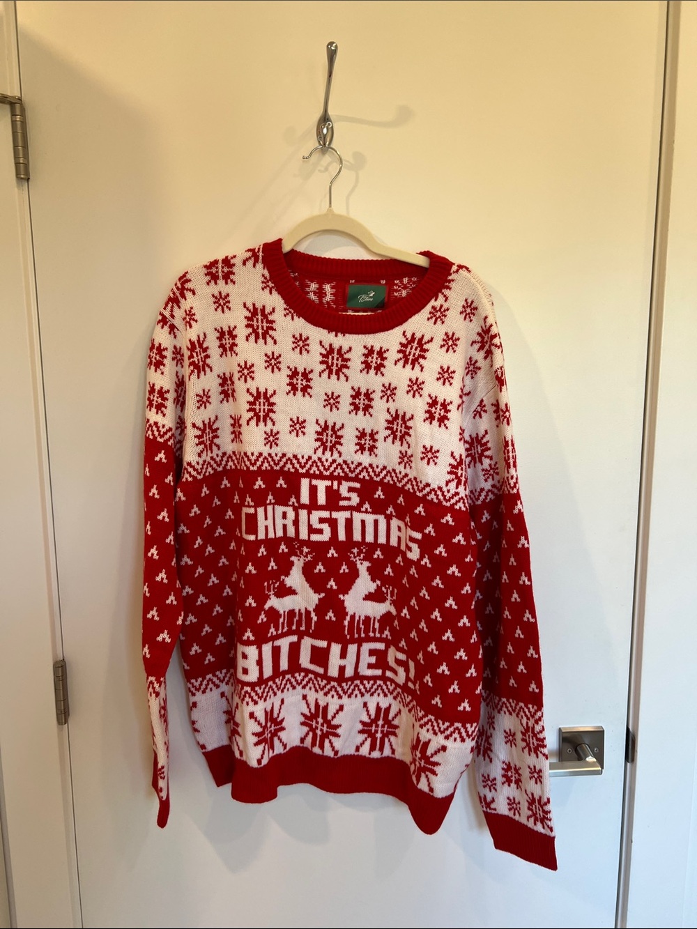 Red and White Crewneck Holiday Sweater with Graphic Text